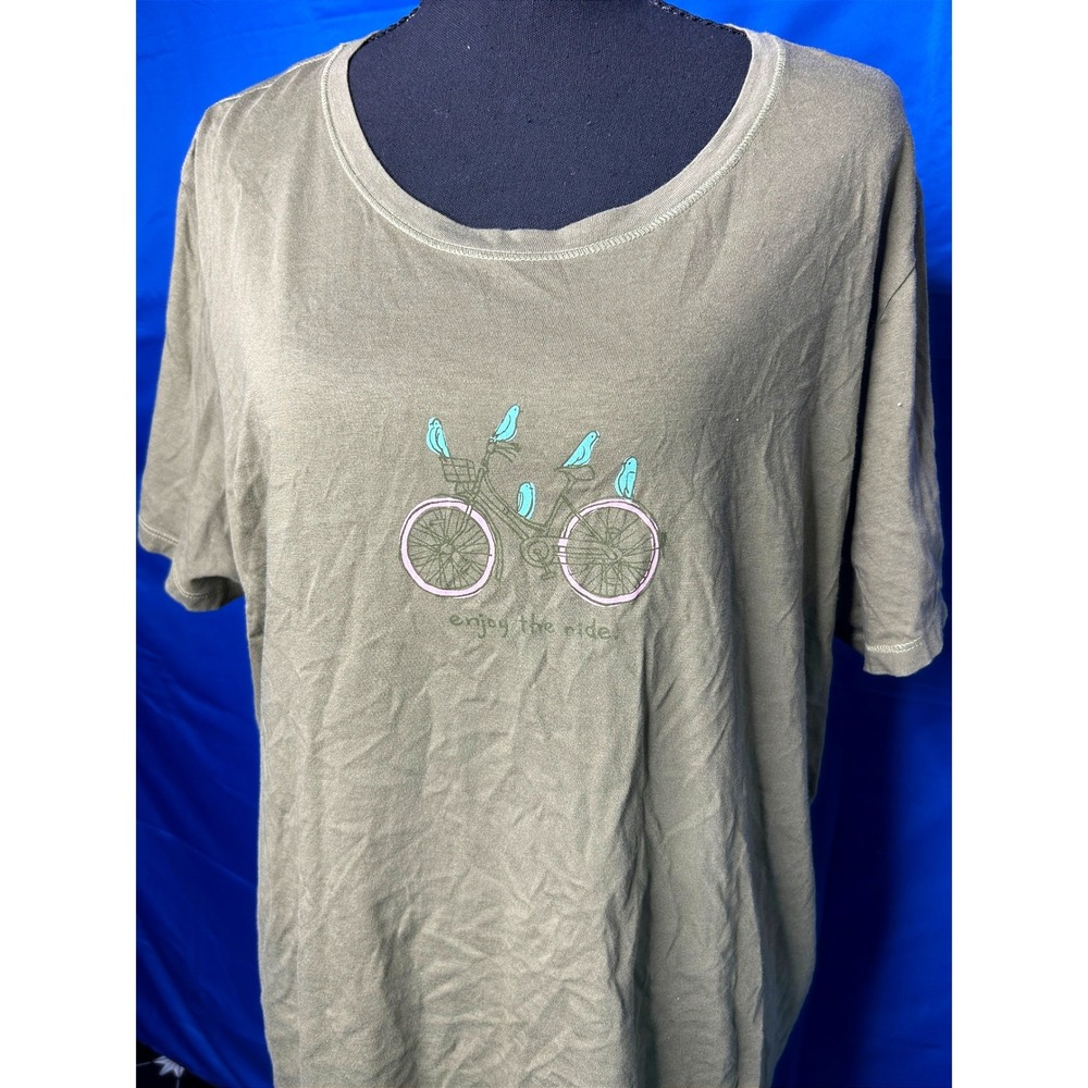 Life Is Good Womens Olive Bicycle Enjoy the Ride Tee Sz XL Cotton Whimsical Soft